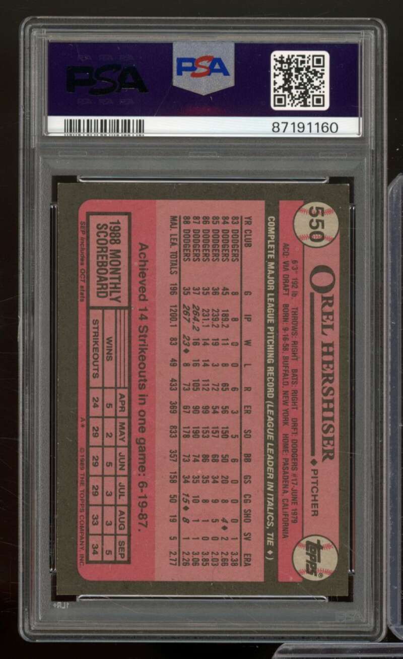 Orel Hershiser Card 1989 Topps #550 PSA 9 Image 2