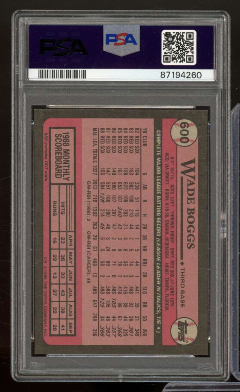 Wade Boggs Card 1989 Topps #600 PSA 9 Image 2