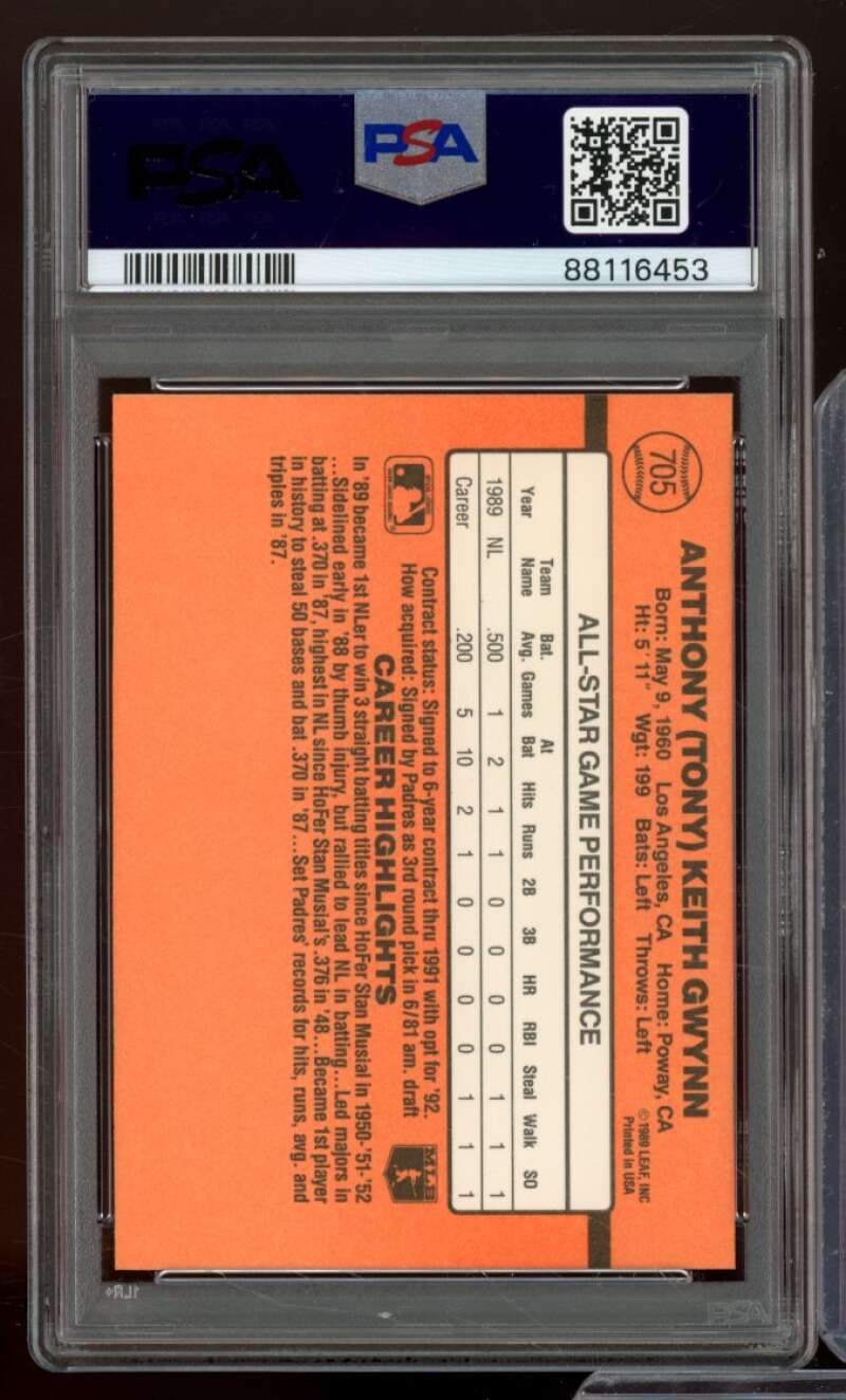 Tony Gwynn Card 1990 Donruss #705 PSA 9 Image 2