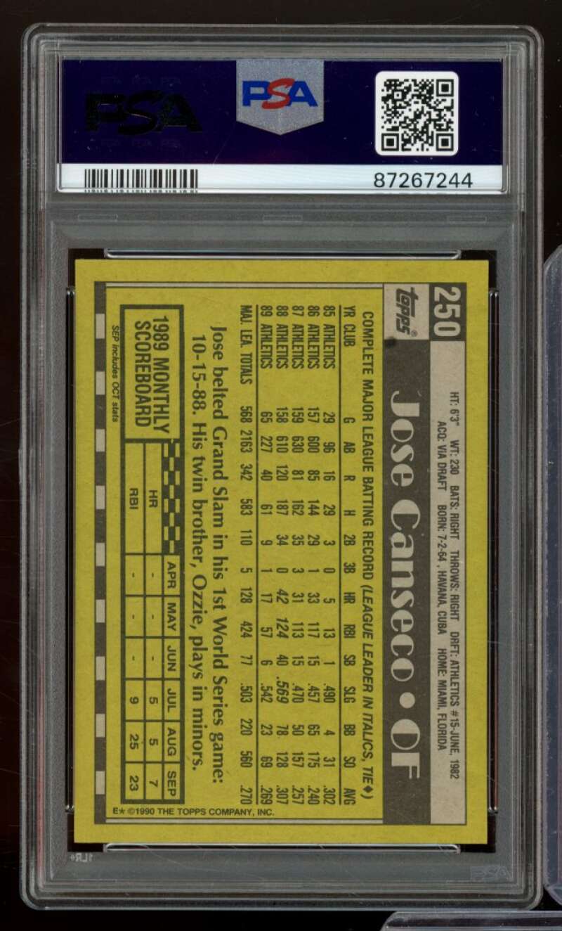 Jose Canseco Card 1990 Topps #250 PSA 9 Image 2