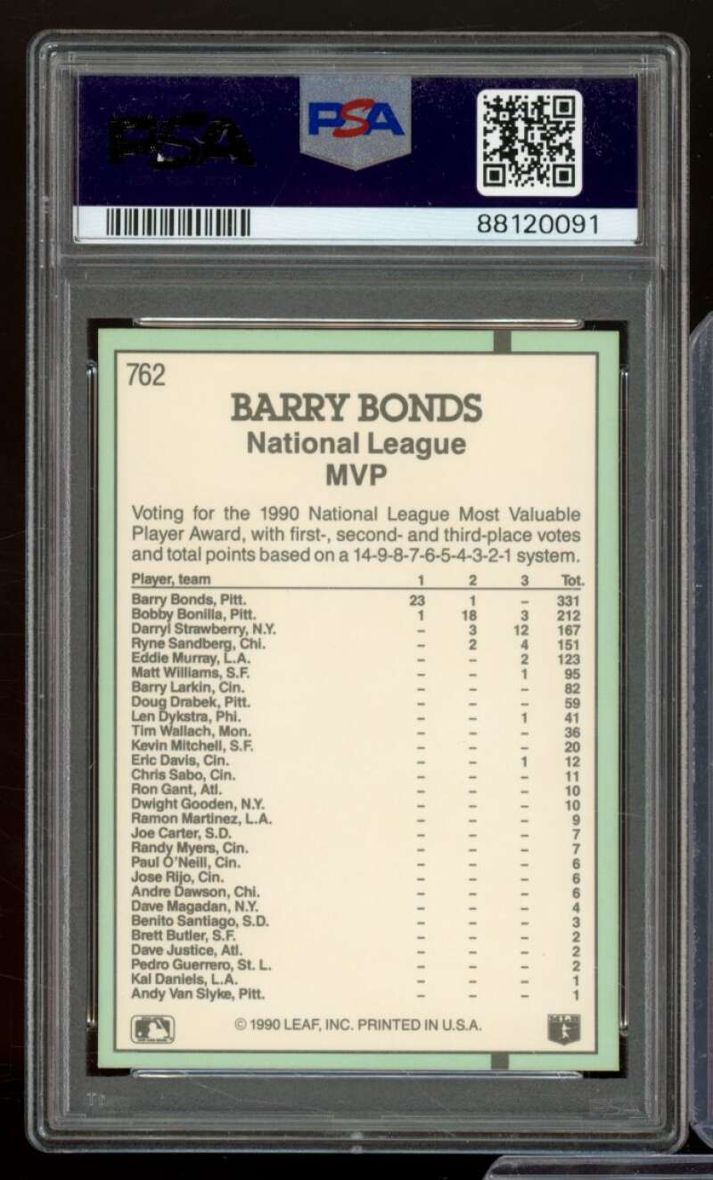 Barry Bonds Card 1991 Donruss #762 PSA 9 Image 2