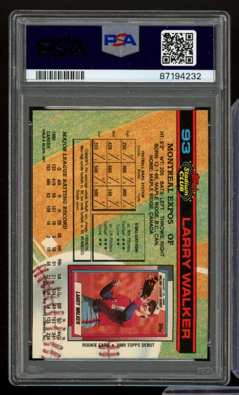 Larry Walker Rookie Card 1991 Stadium Club #93 PSA 8 Image 2