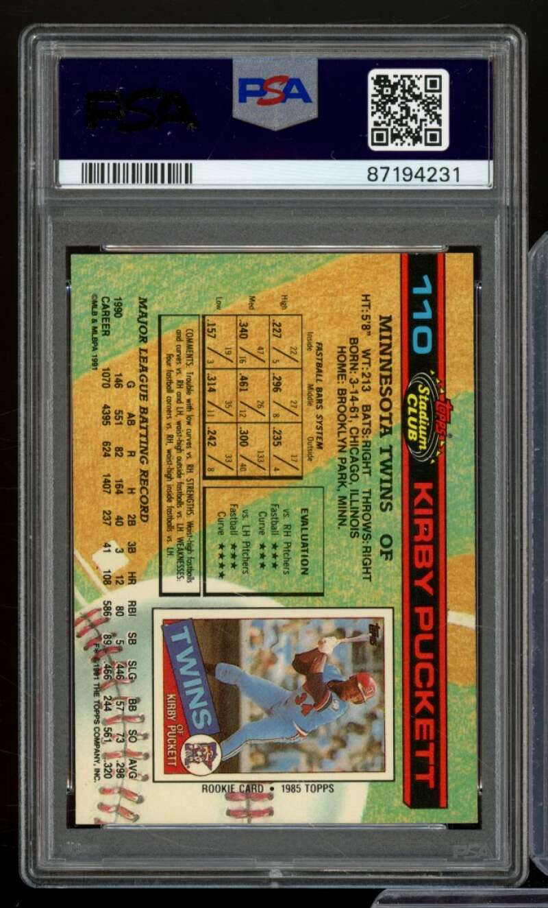 Kirby Puckett Card 1991 Stadium Club #110 PSA 9 Image 2