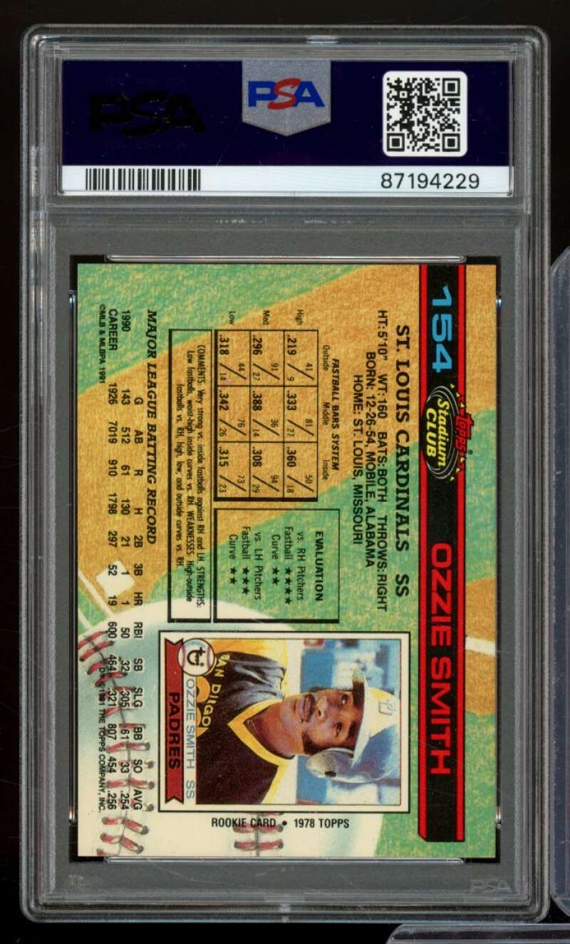 Ozzie Smith Card 1991 Stadium Club #154 PSA 9 Image 2