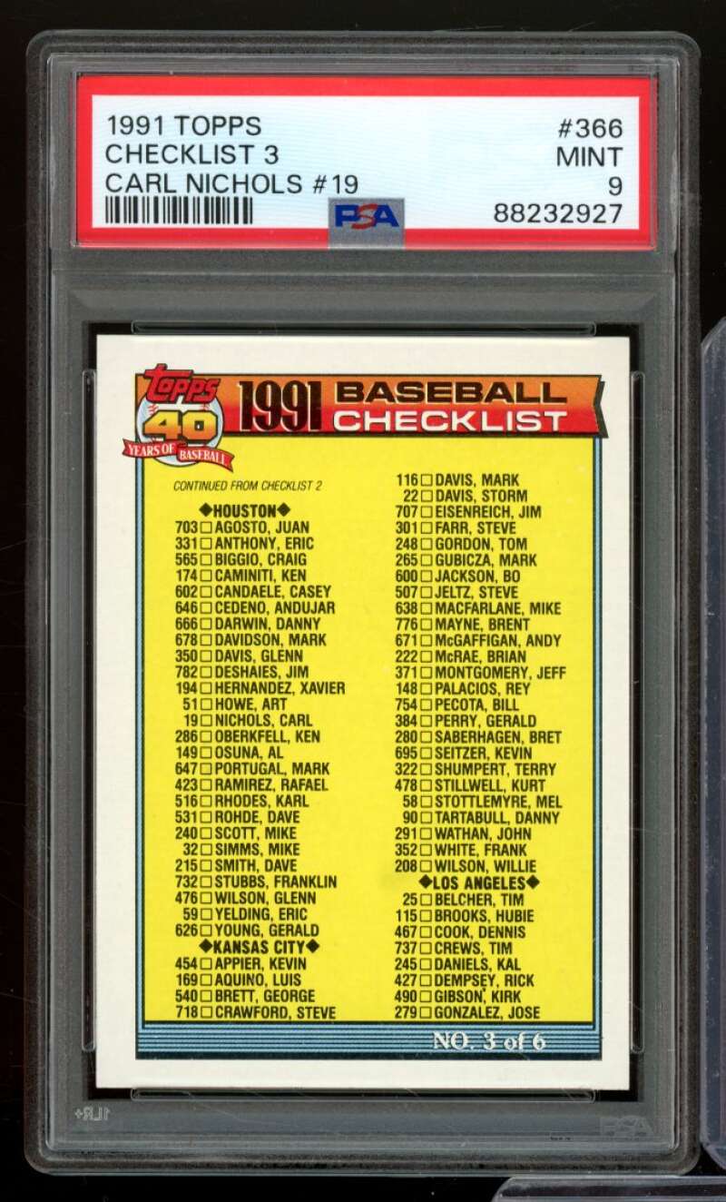 Checklist Card 1991 Topps #366 PSA 9 Image 1