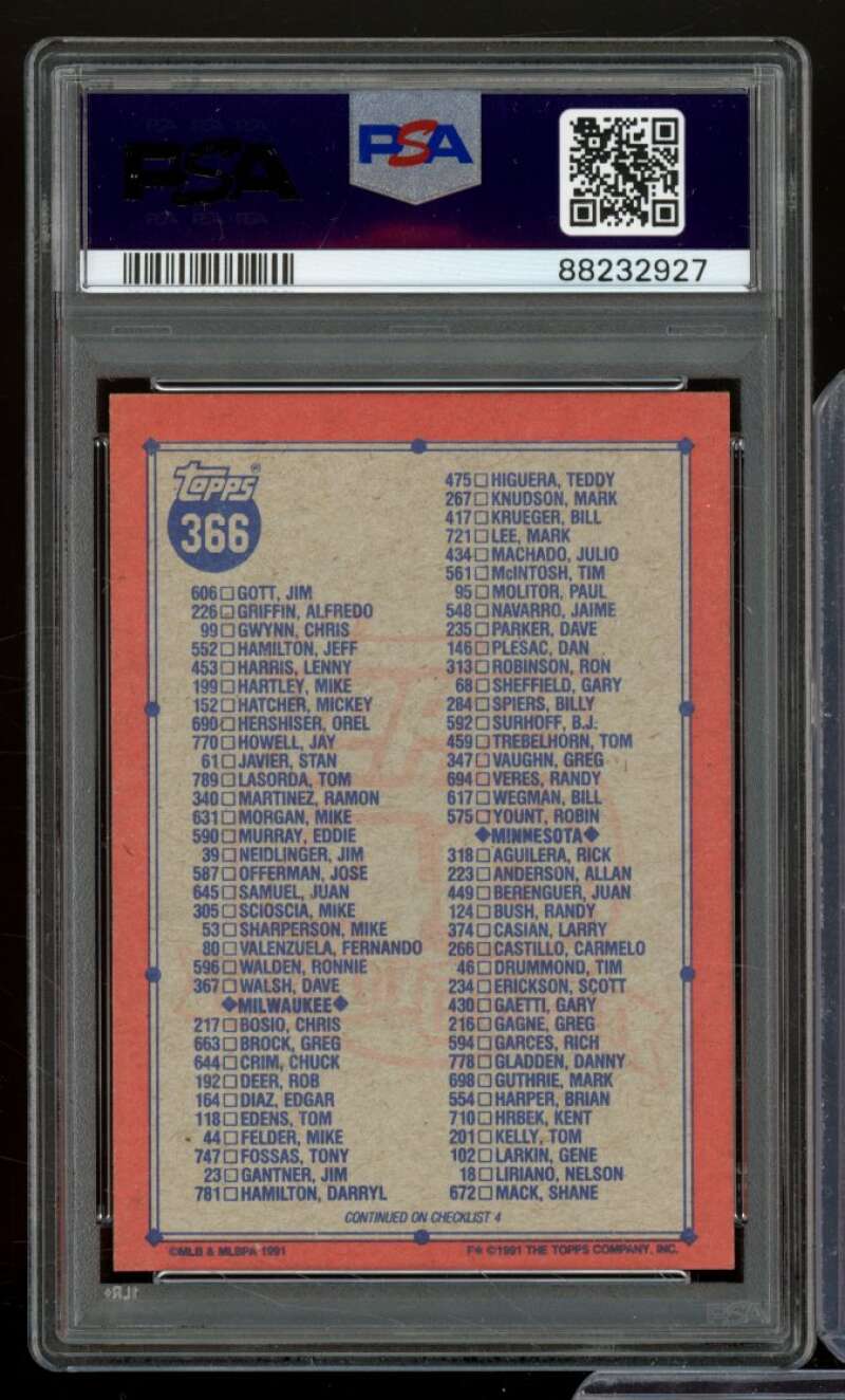 Checklist Card 1991 Topps #366 PSA 9 Image 2