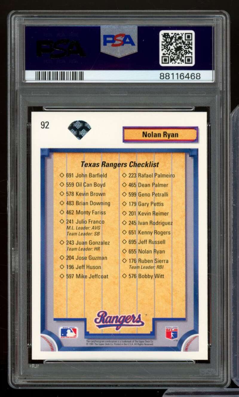 Nolan Ryan Card 1992 Upper Deck #92 PSA 9 Image 2