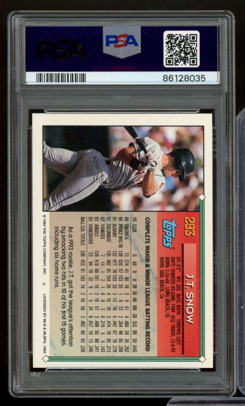 J.T. Snow Rookie Card 1994 Topps #293 PSA 9 Image 2