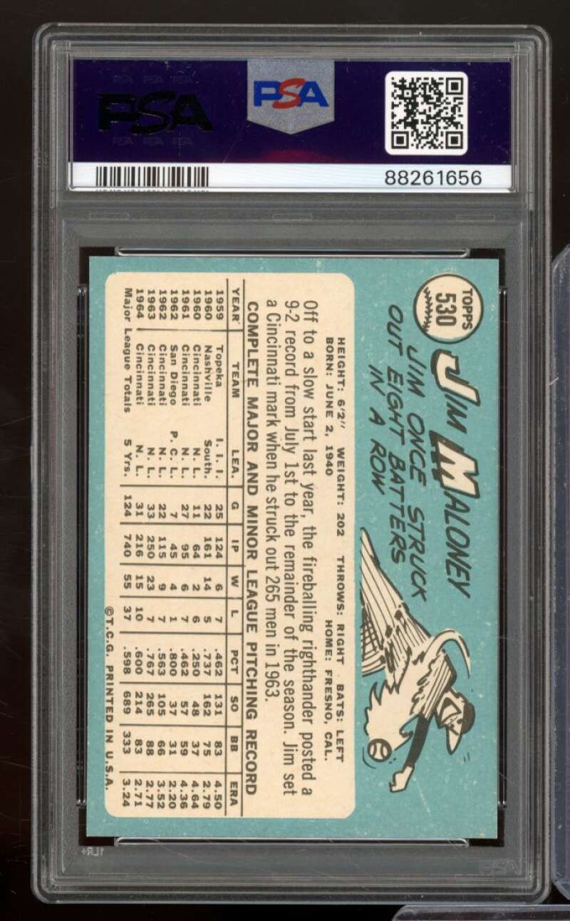 Jim Maloney Card 1965 Topps #530 PSA 6 Image 2