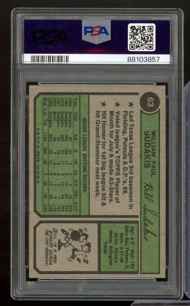 Bill Sudakis Card 1974 Topps #63 PSA 7 Image 2