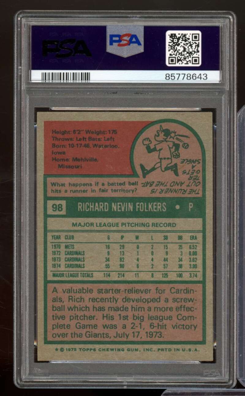 Rich Folkers Card 1975 Topps #98 PSA 8 Image 2