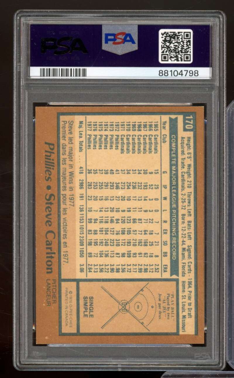 Steve Carlton Card 1978 O-Pee-Chee #170 PSA 7 Image 2