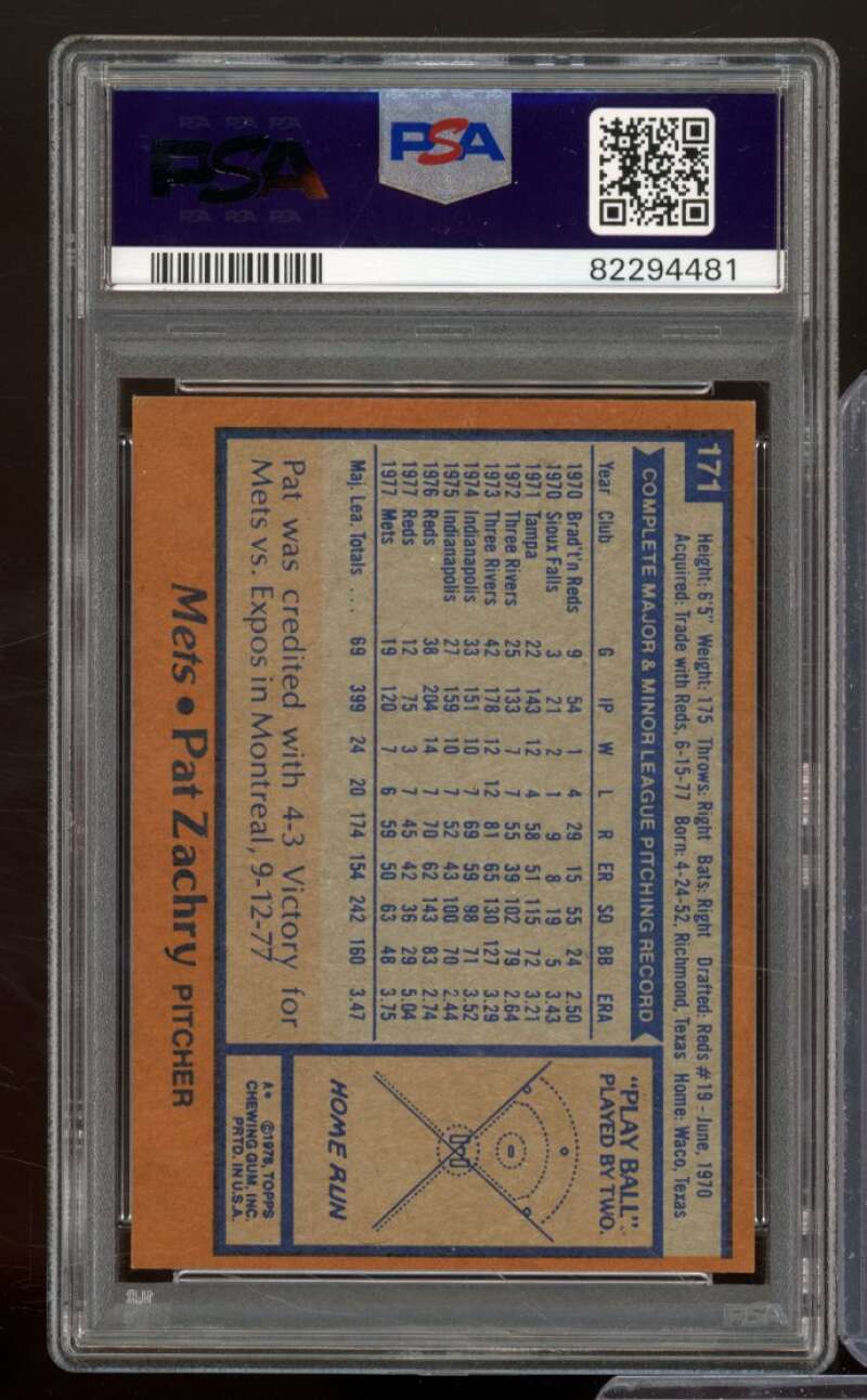 Pat Zachry Card 1978 Topps #171 PSA 8 Image 2