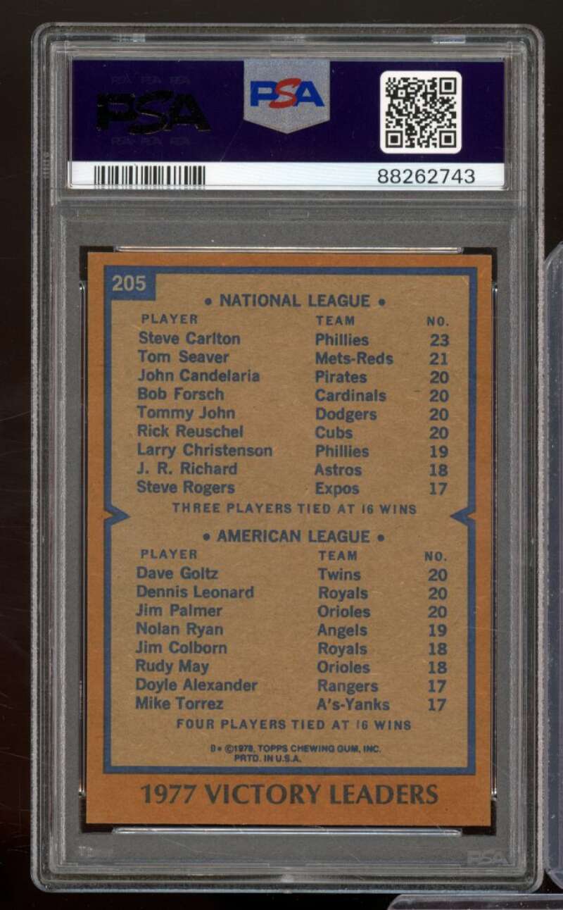 Steve Carlton/Goltz/Leonard/Jim Palmer 1978 Topps #205 Victory Leaders PSA 5 Image 2