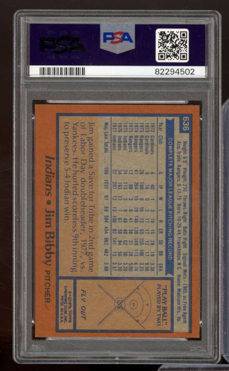 Jim Bibby Card 1978 Topps #636 PSA 8 Image 2