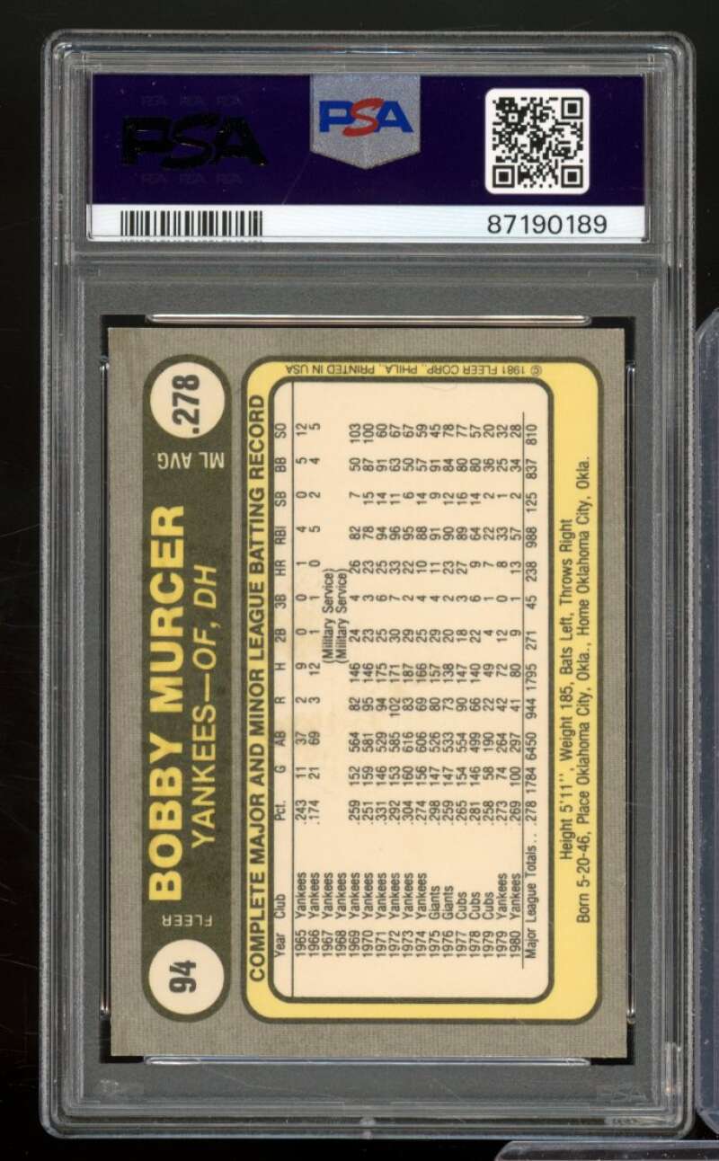 Bobby Murcer Card 1981 Fleer #94 PSA 9 (ST) Image 2