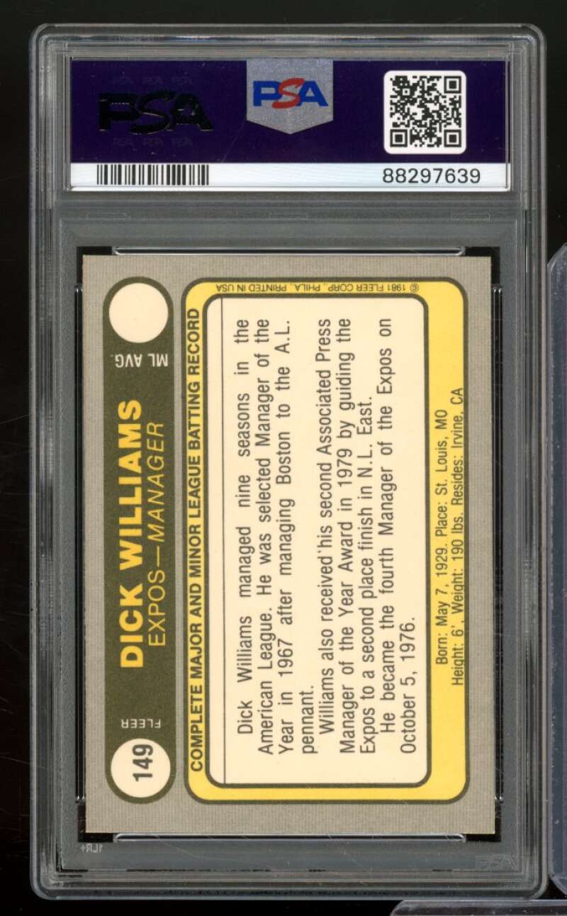 Dick Williams Card 1981 Fleer #149 PSA 9 Image 2