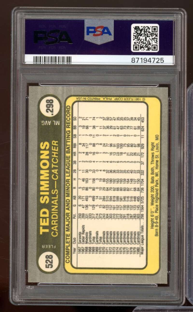 Ted Simmons Card 1981 Fleer #528 PSA 9 Image 2