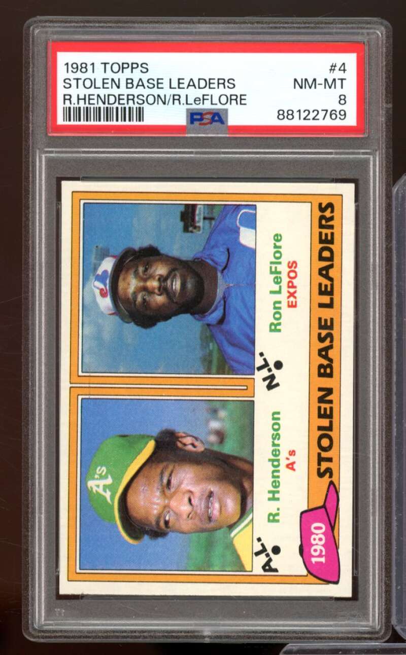 Rickey Henderson/Ron Leflore Card 1981 Topps Stolen Base Leaders #4 PSA 8 Image 1