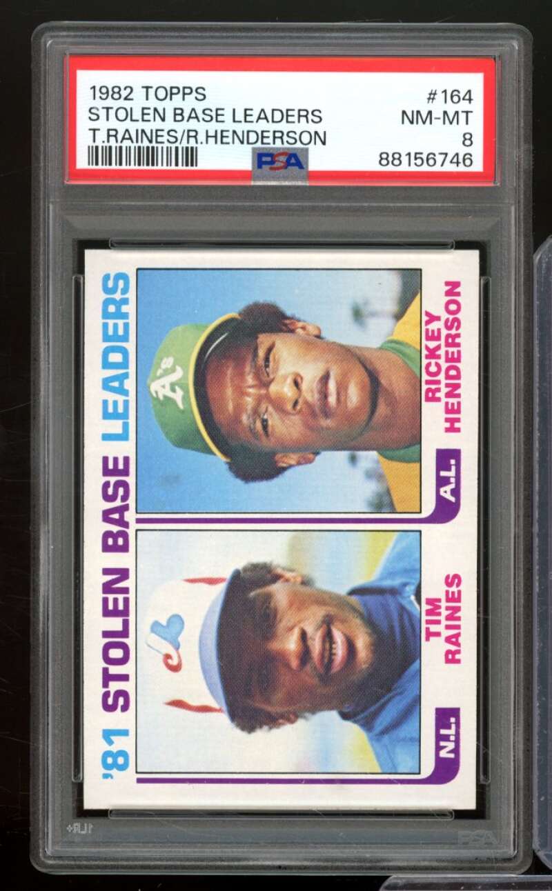 Tim Raines/Rickey Henderson Card 1982 Topps Stolen Base Leaders #164 PSA 8 Image 1