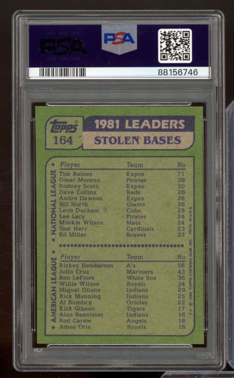 Tim Raines/Rickey Henderson Card 1982 Topps Stolen Base Leaders #164 PSA 8 Image 2