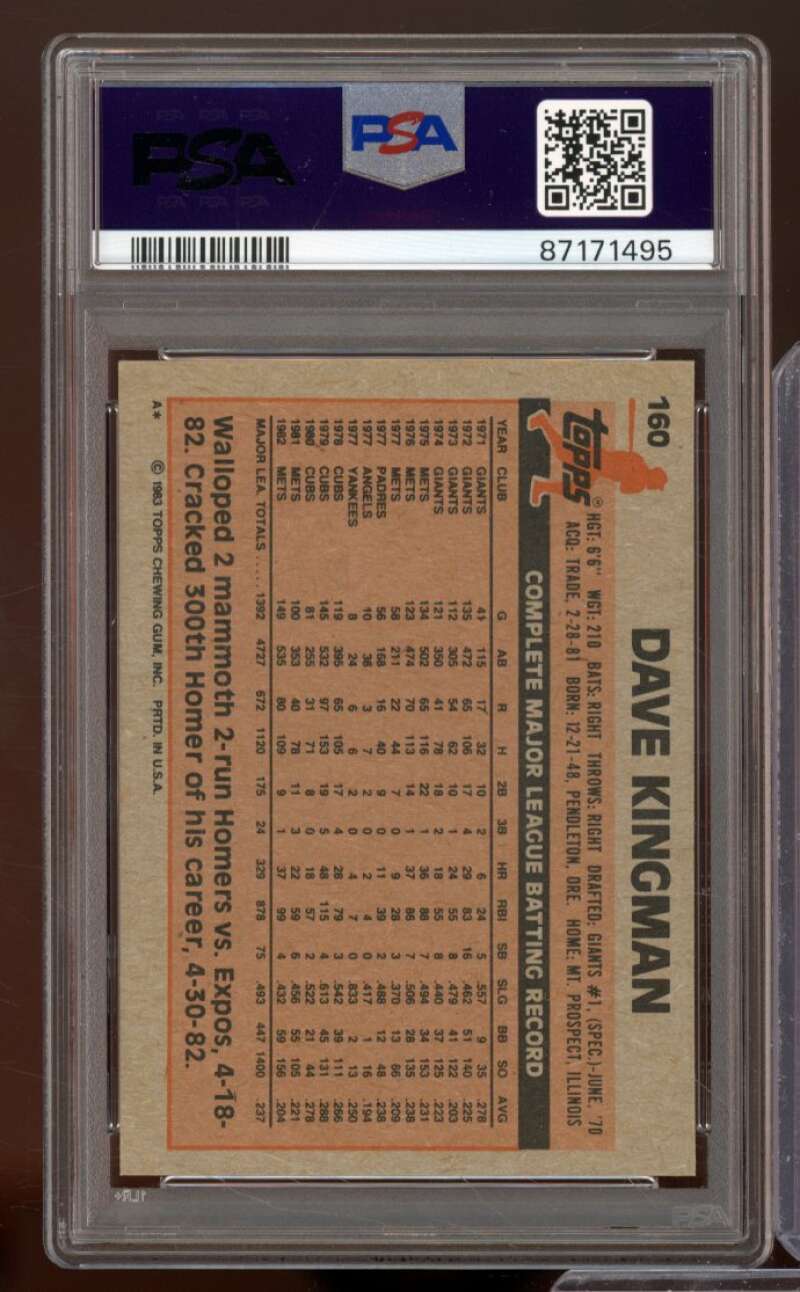 Dave Kingman Card 1983 Topps #160 PSA 8 Image 2