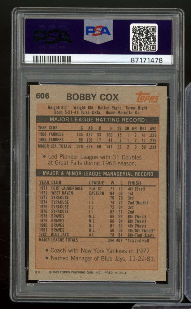 Bobby Cox Card 1983 Topps #606 PSA 8 Image 2