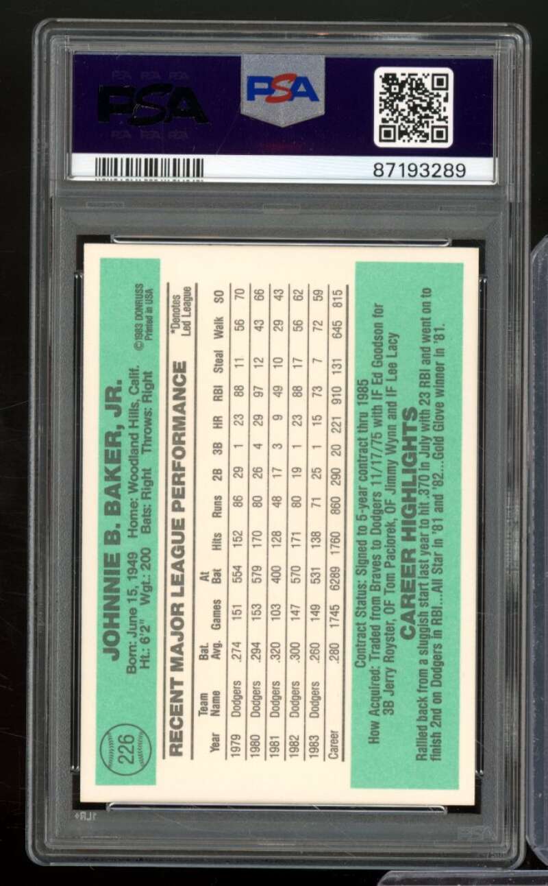 Dusty Baker Card 1984 Donruss #226 PSA 9 Image 2