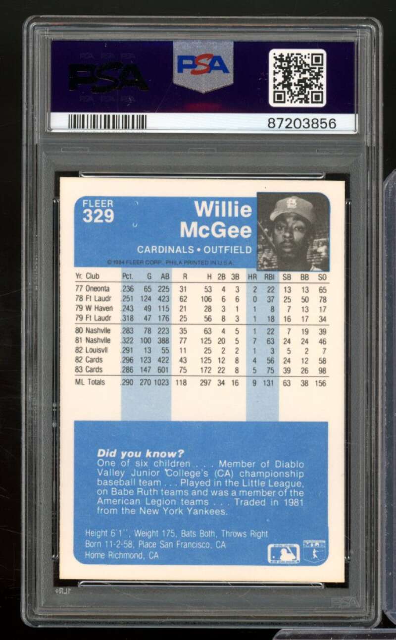 Willie McGee Card 1984 Fleer #329 PSA 9 Image 2