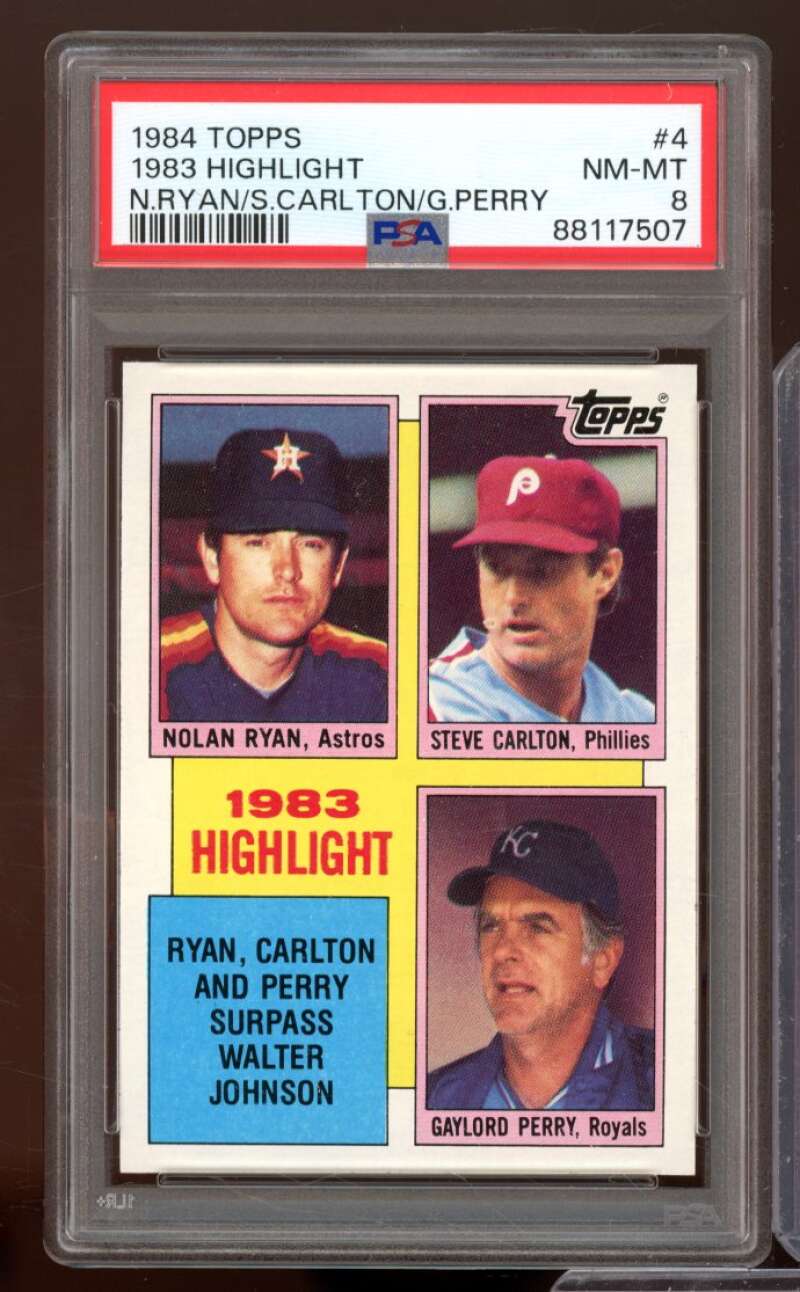 Nolan Ryan / Steve Carlton / Gaylord Perry Card 1984 Topps Highlights #4 PSA 8 Image 1