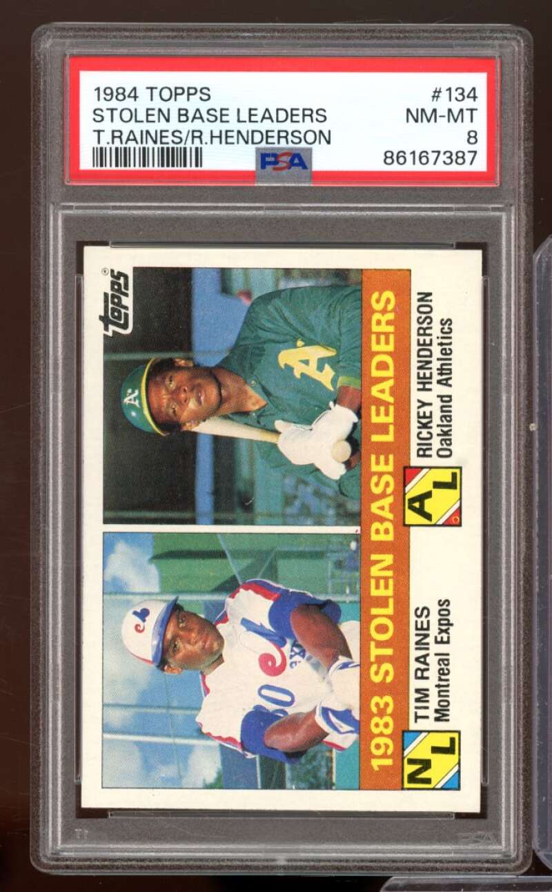 Tim Raines/Rickey Henderson Card 1984 Topps Stolen Base Leaders #134 PSA 8 Image 1