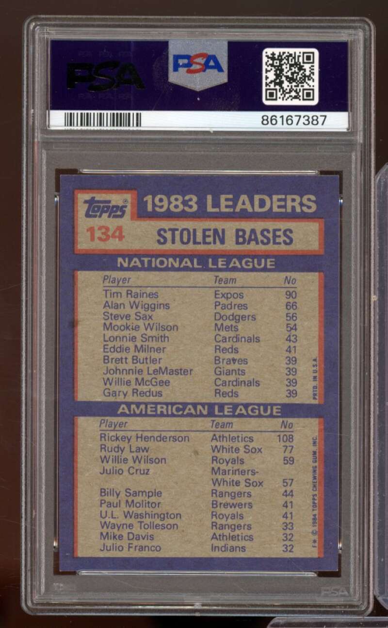 Tim Raines/Rickey Henderson Card 1984 Topps Stolen Base Leaders #134 PSA 8 Image 2