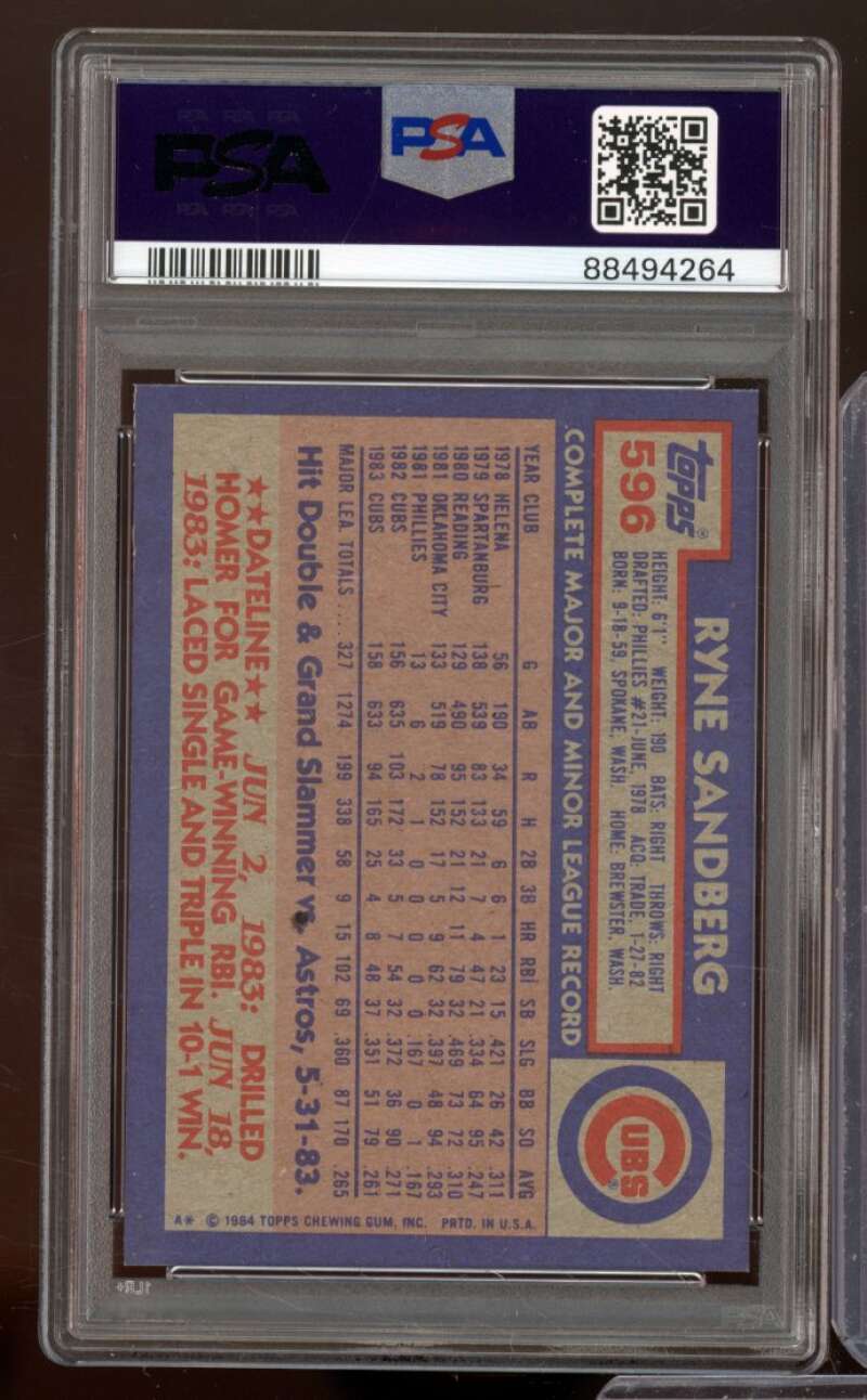 Ryne Sandberg Card 1984 Topps #596 PSA 8 Image 2