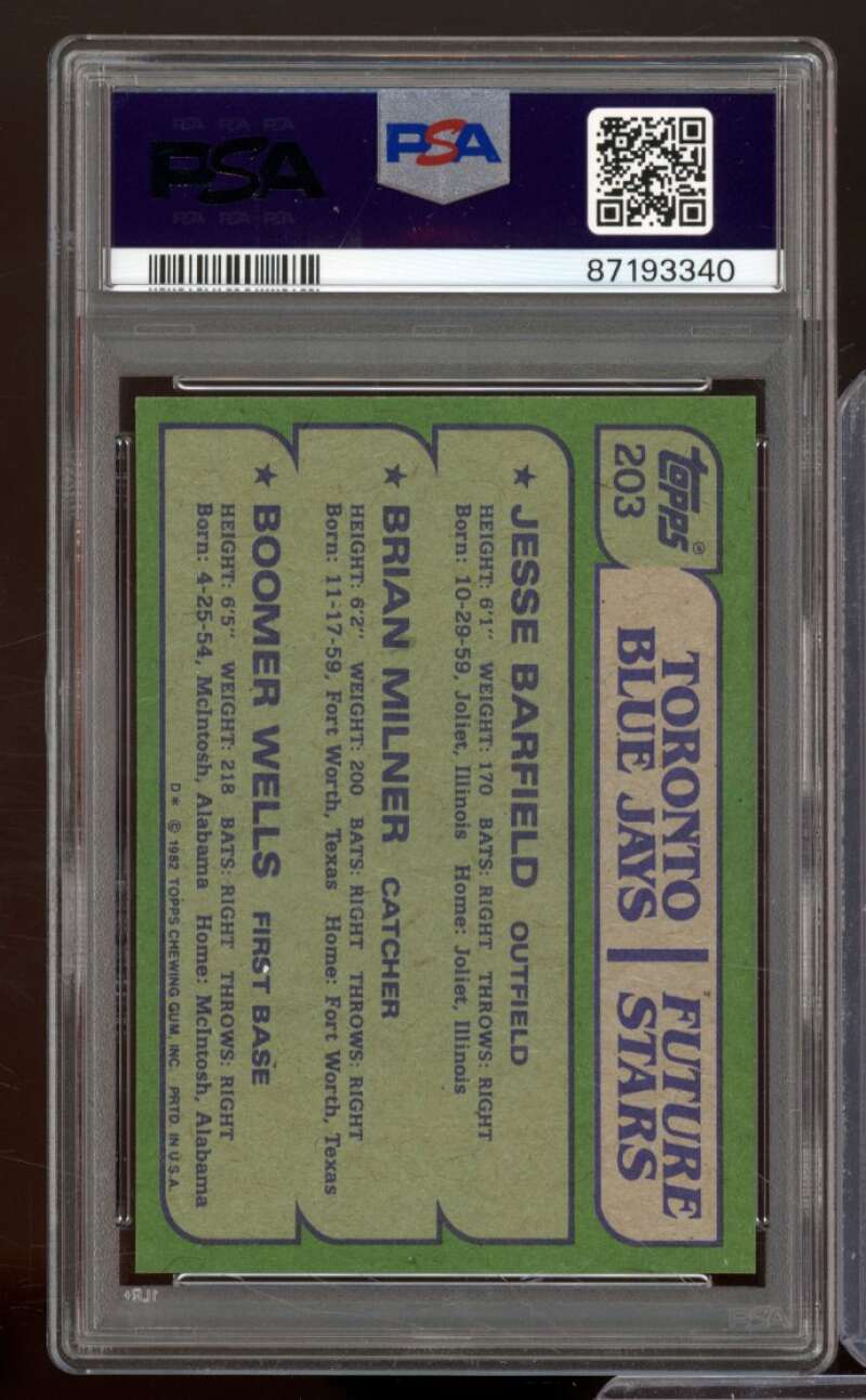 Boomer Wells/Brian Milner/Jesse Barfield Rookie Card 1982 Topps #203 PSA 8 Image 2