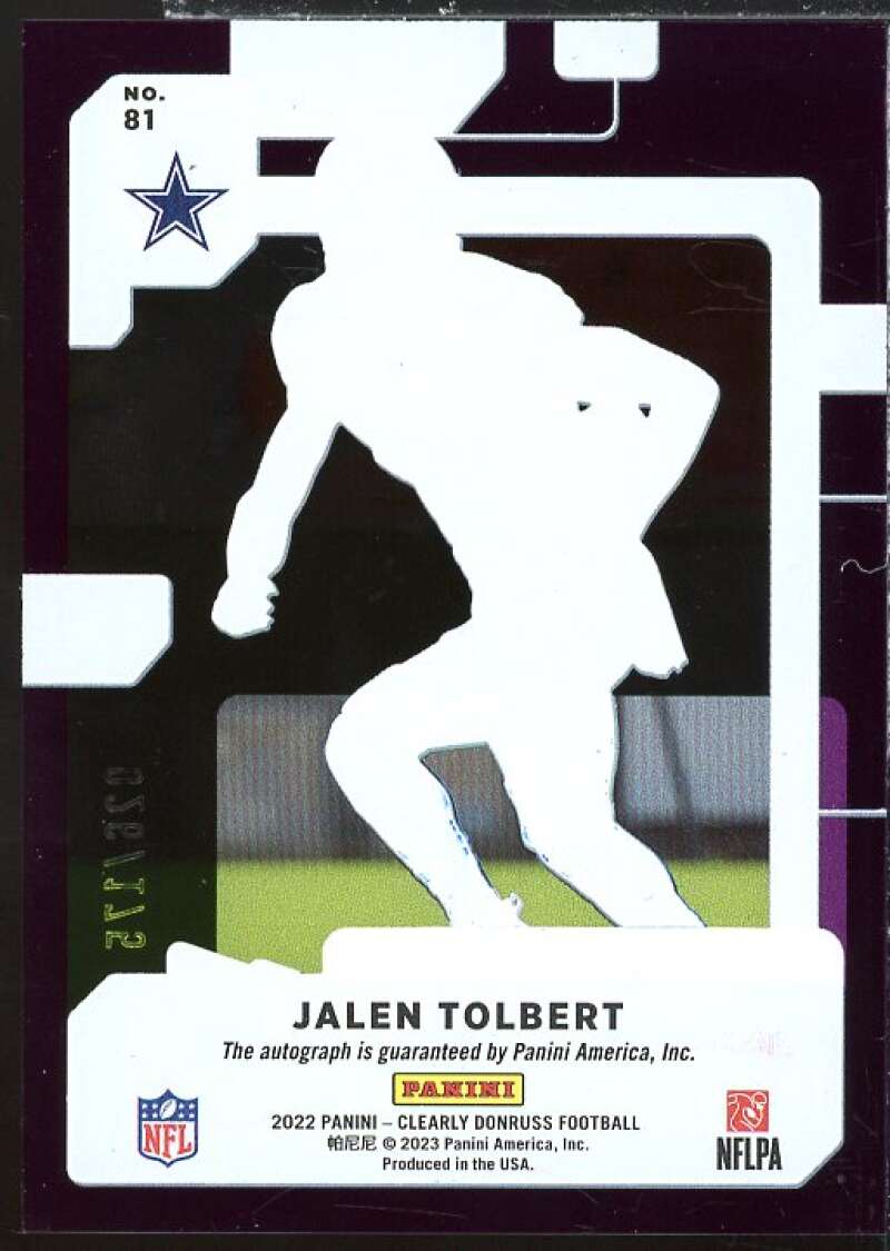 Jalen Tolbert 2022 Clearly Donruss Clearly Rated Rookie Autographs Purple #81  Image 2