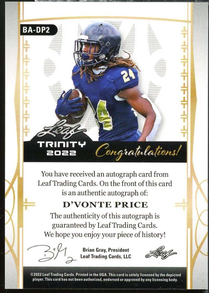 DeVonte Price Rookie Card 2022 Leaf Trinity Silver Spectrum #BADP2  Image 2