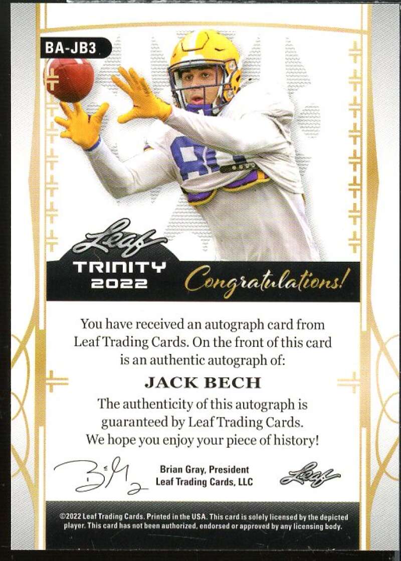 Jack Bech Rookie Card 2022 Leaf Trinity Navy #BAJB3  Image 2