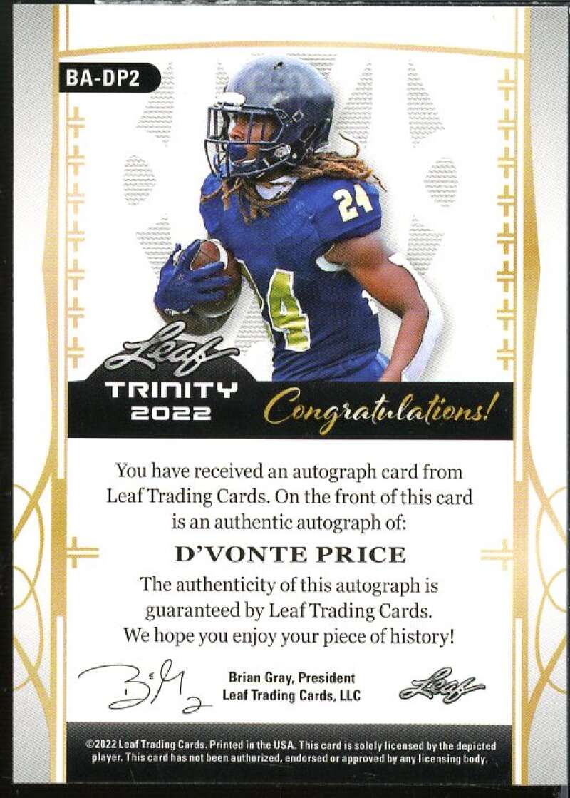 DeVonte Price Rookie Card 2022 Leaf Trinity Emerald #BADP2  Image 2