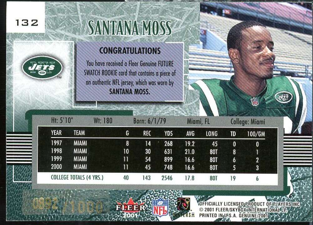 Santana Moss JSY Rookie Card 2001 Fleer Genuine #132  Image 2