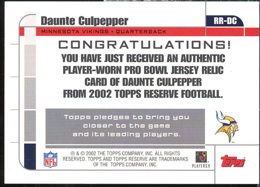 Daunte Culpepper Card 2002 Topps Reserve Jerseys #RRDC  Image 2