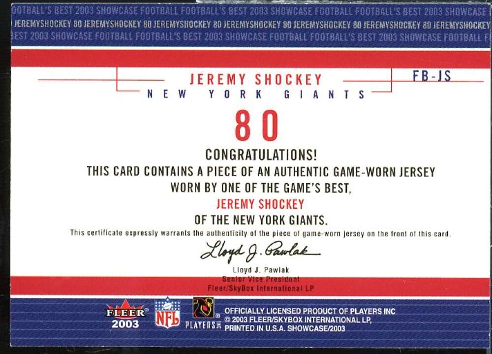 Jeremy Shockey Card 2003 Fleer Showcase Football's Best Jerseys #FBJS  Image 2