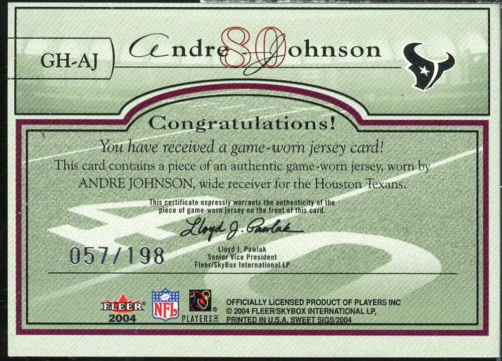 Andre Johnson Card 2004 Fleer Sweet Sigs Gridiron Heroes Jersey Silver #AJ  Image 2