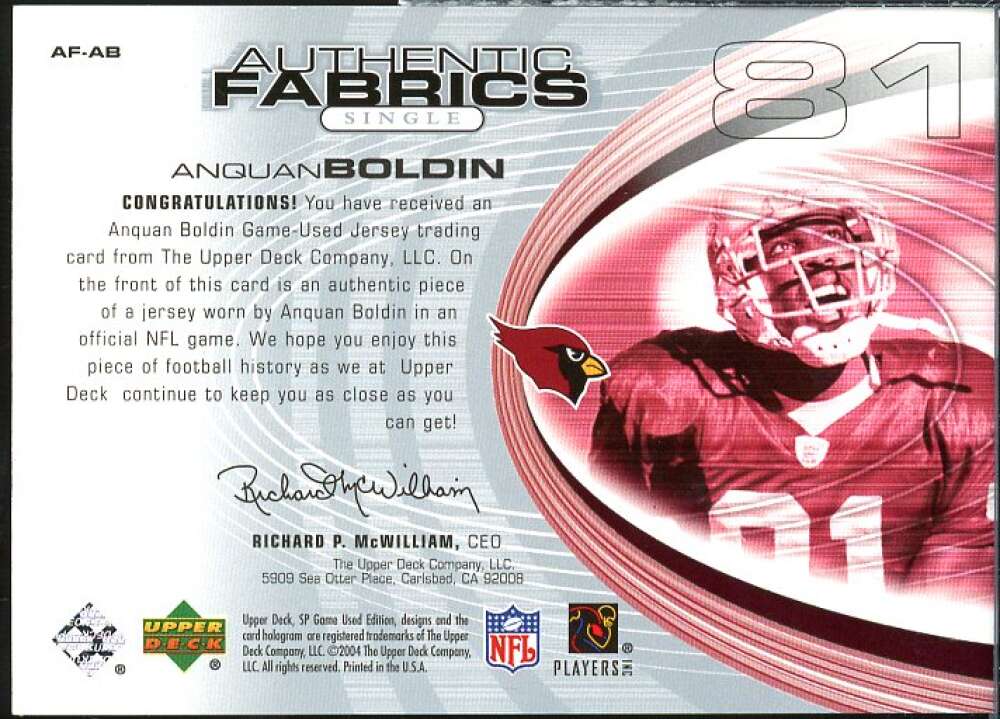 Anquan Boldin Card 2004 SP Game Used Edition Authentic Fabric #AFAB  Image 2