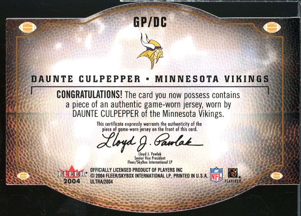 Daunte Culpepper Card 2004 Ultra Gridiron Producers Game Used Copper #GPDC  Image 2