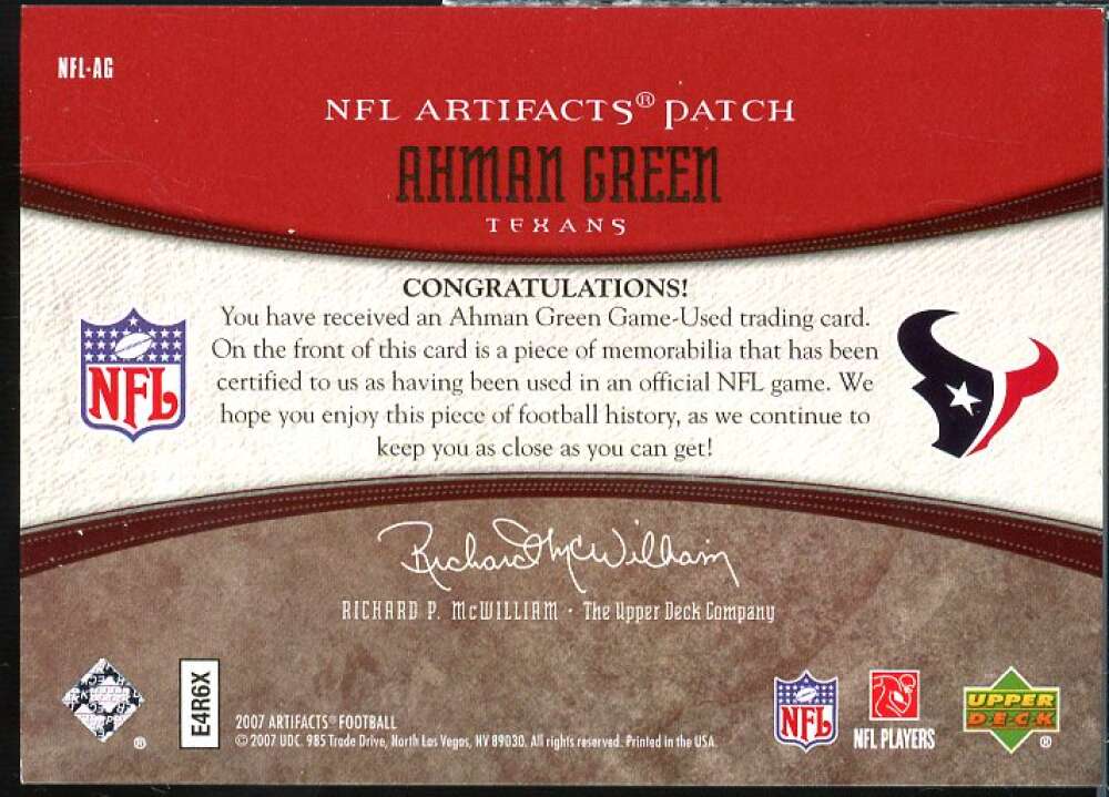 Ahman Green Card 2007 Artifacts NFL Artifacts Patch Red #NFLAG  Image 2