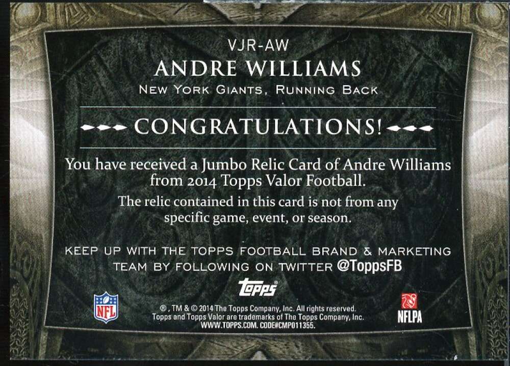 Andre Williams Rookie Card 2014 Topps Valor Jumbo Relics Discipline #VJRAW  Image 2