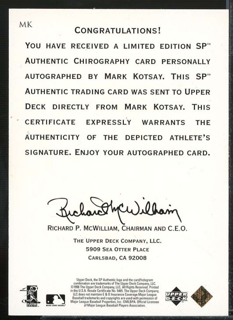 Mark Kotsay Card 1998 SP Authentic Chirography #MK  Image 2