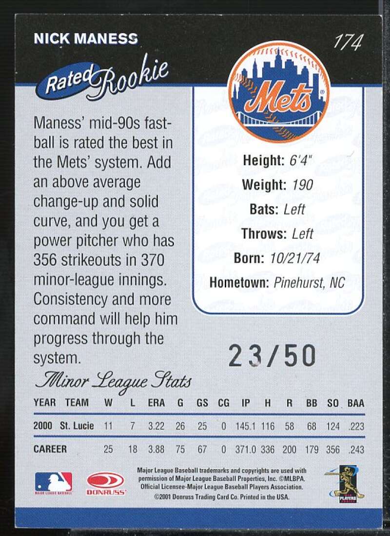 Nick Maness 01 Rookie Card 2002 Donruss Rookies Recollection Autographs #33  Image 2