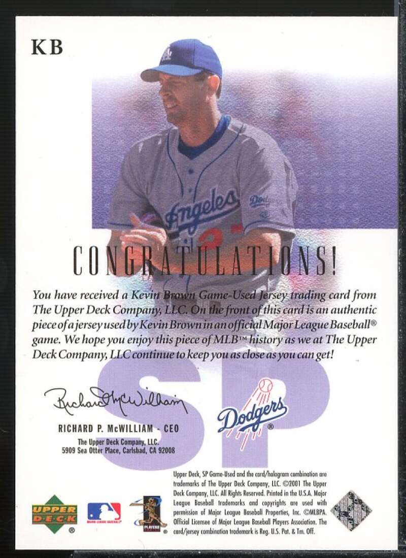 Kevin Brown Card 2001 SP Game Used Edition Authentic Fabric #KB  Image 2