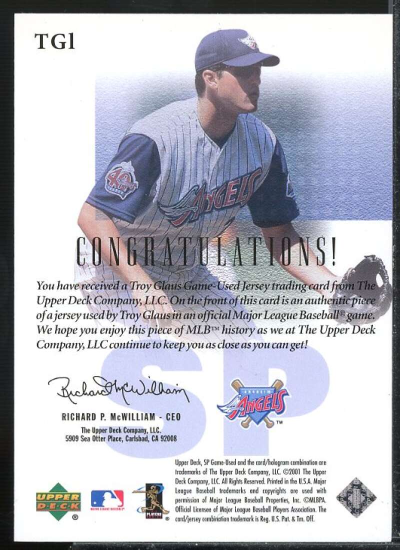 Troy Glaus Card 2001 SP Game Used Edition Authentic Fabric #TGL  Image 2